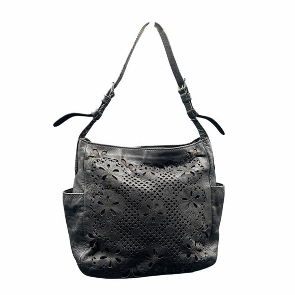 Isabella Fiore Black Leather Laser Cut Floral Shoulder Hobo Bag - Picture 2 of 16
